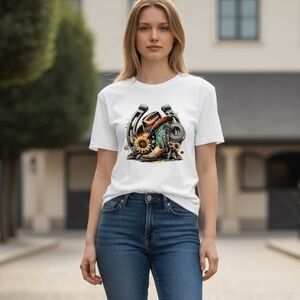 NEW White Cowboy Boot Hat Horseshoe Yellow Sunflower Rodeo Graphic Tee T-shirt